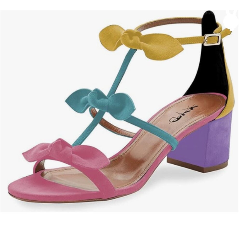 XYD Multicolor Chunky Heels Open Toe Sandals BowKnots Gladiator Strappy Shoes